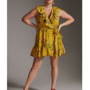 Anthropologie Maeve Floral Wrap Mini Ruffle Gold Yellow